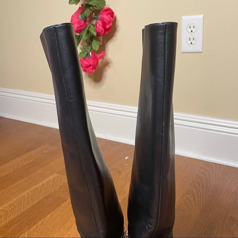 Tory Burch Leather Floral Blossom Knee High Heeled Boot